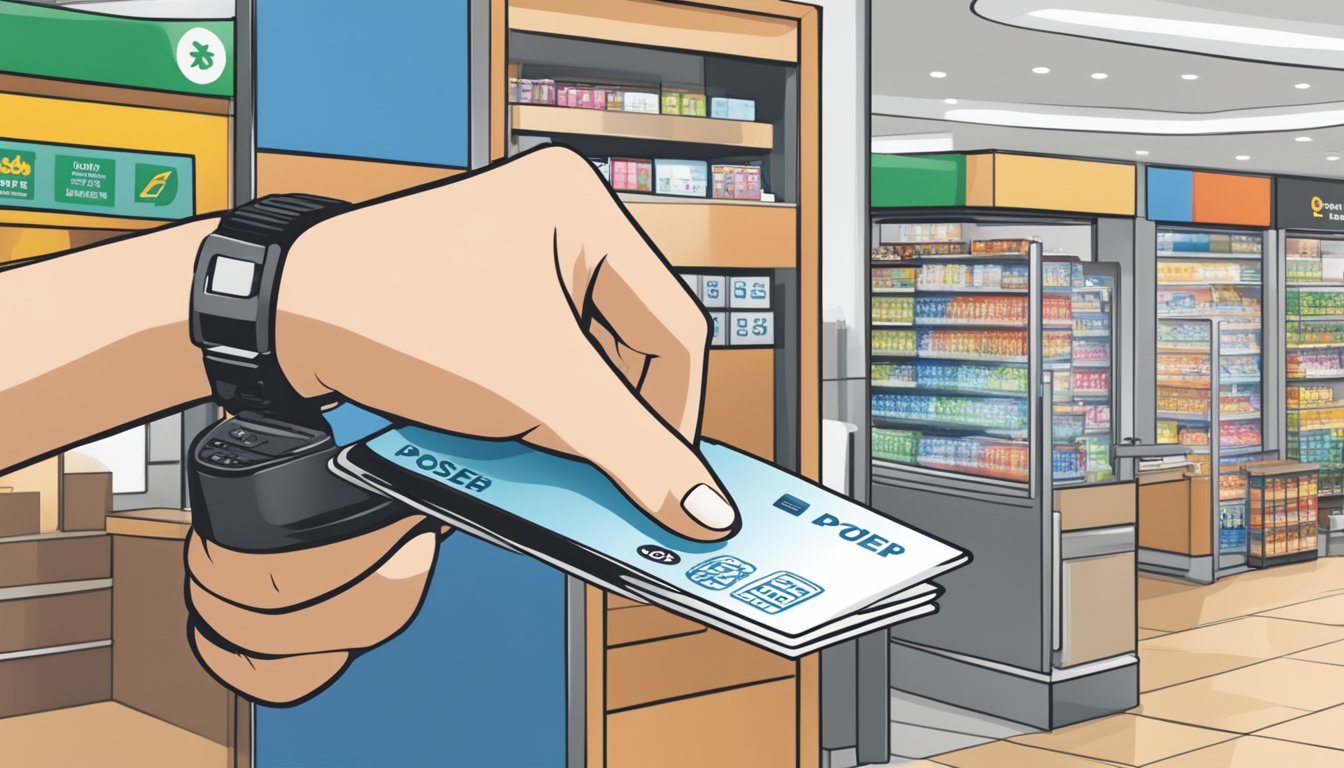 A hand swipes a POSB Everyday Card at a Singaporean store, with a sign in the background advertising the fee waiver benefit