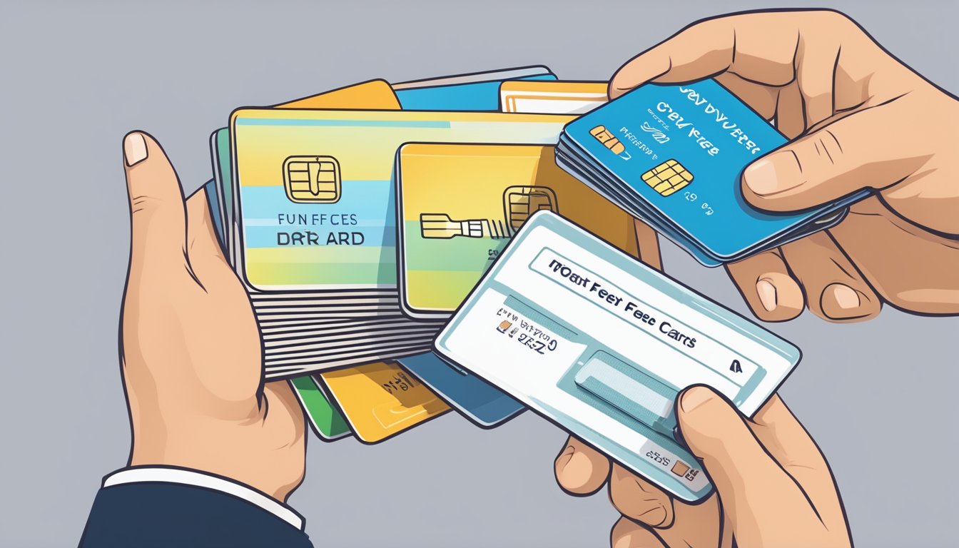A hand holding an everyday card, surrounded by other card options. The everyday card stands out with a "fee waiver" label, while the other cards show various fees and charges