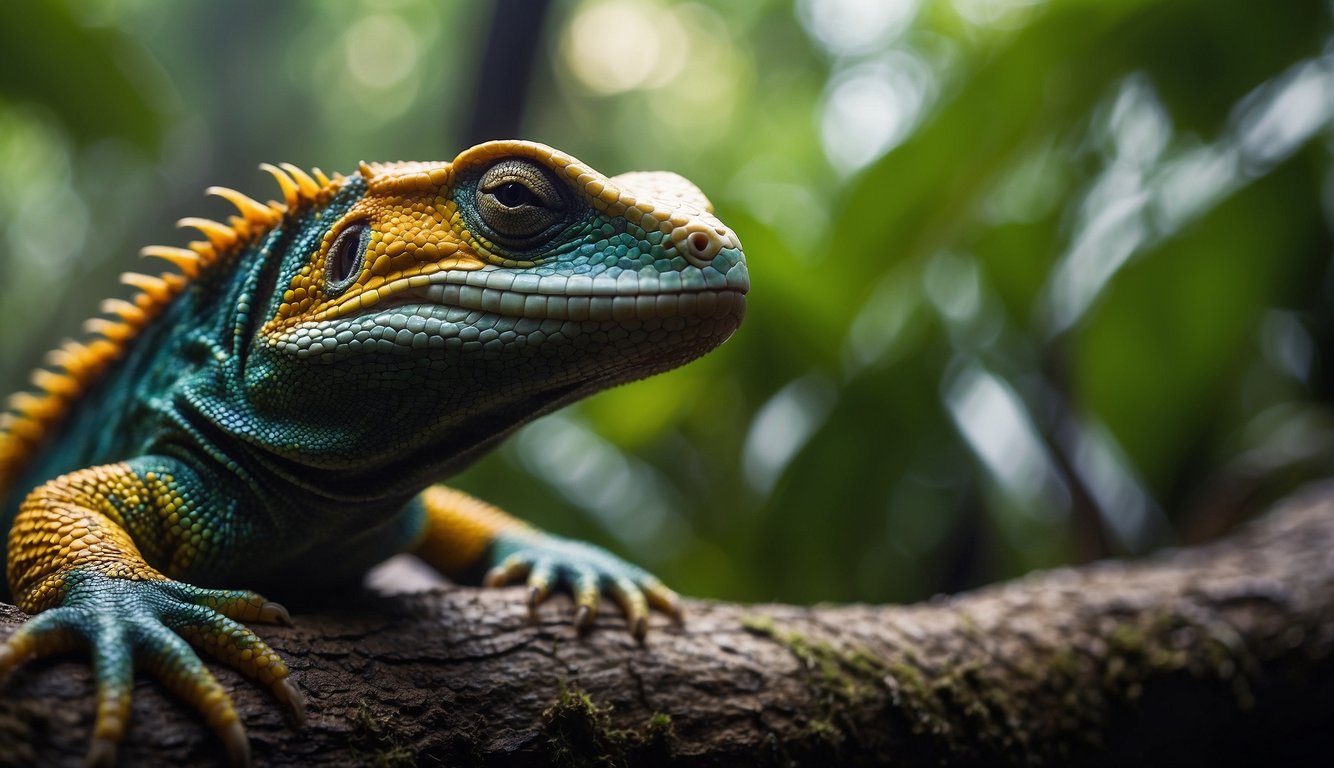 A lush tropical rainforest filled with vibrant, colorful reptiles basking in the sunlight, showcasing their dazzling scales and unique adaptations