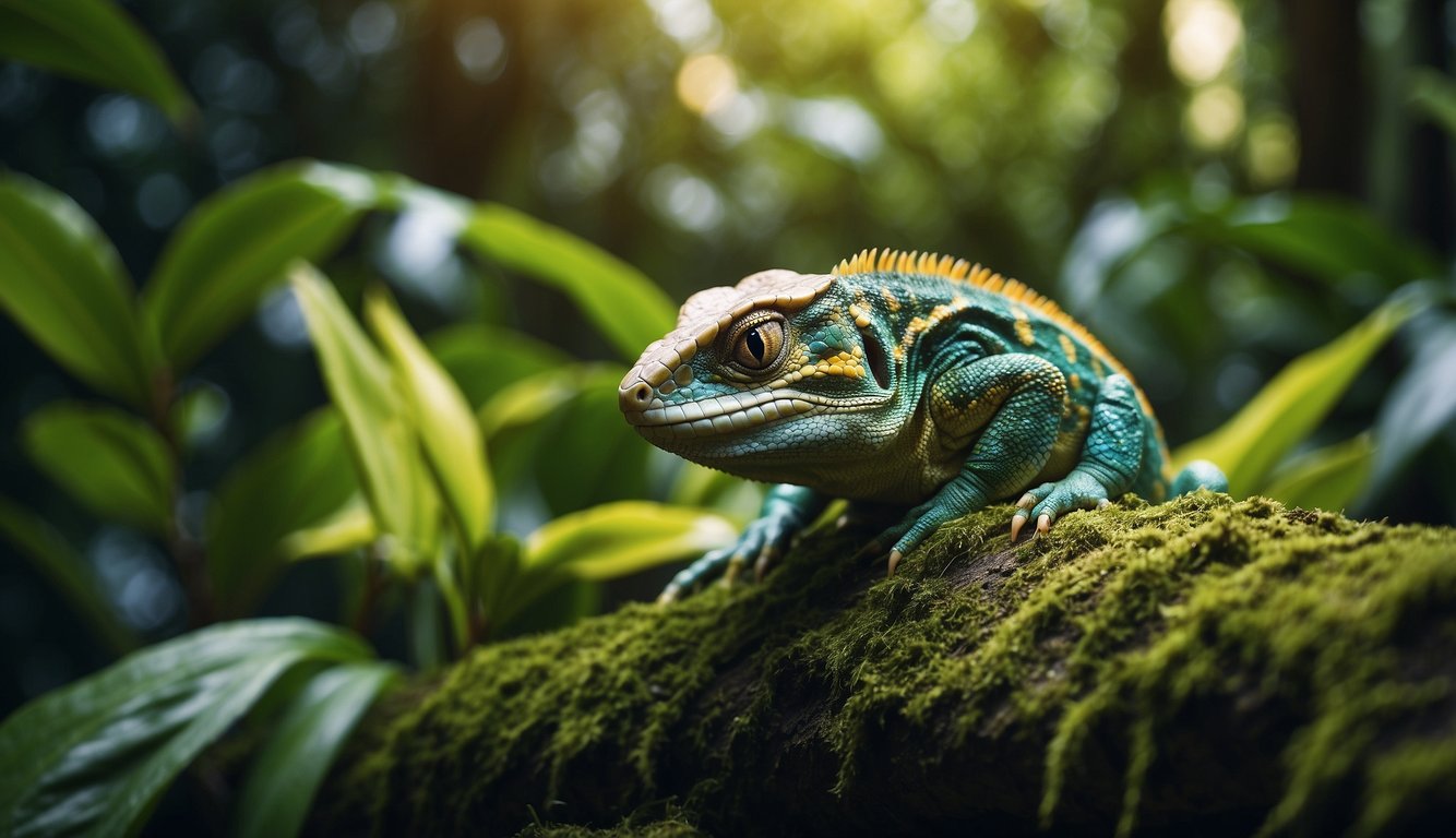 A vibrant jungle scene with a variety of brightly colored reptiles coexisting among lush green foliage, showcasing their diverse and striking hues
