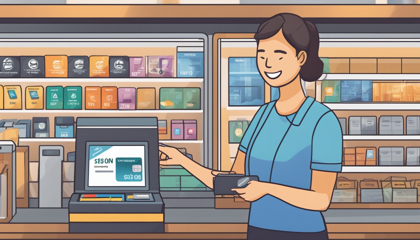 A person swiping a credit card at a store in Singapore, with a rebate offer displayed on the screen