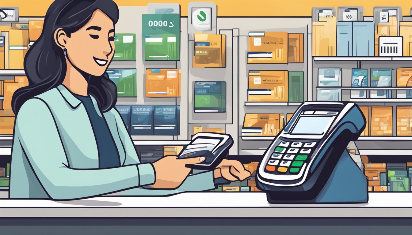 A person swiping a credit card at a store, with a cashback symbol displayed on the card reader