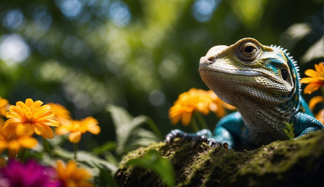 Colorful reptiles basking under a bright sun, surrounded by vibrant foliage and exotic flowers.

Their scales shimmer with a rainbow of hues, creating a stunning display of natural beauty