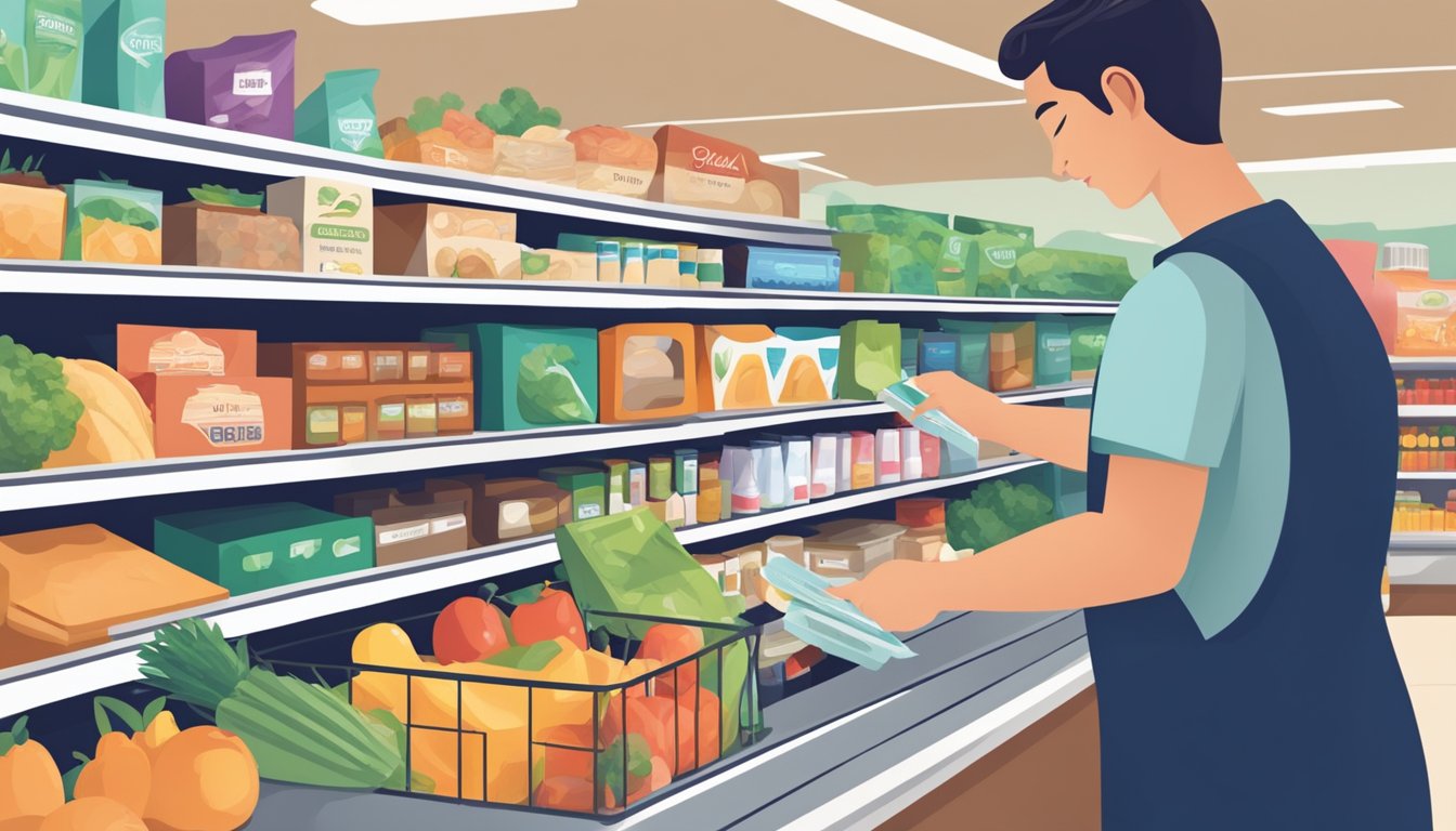 A person swiping a card at a grocery store, with various daily essentials like groceries, toiletries, and household items in the background