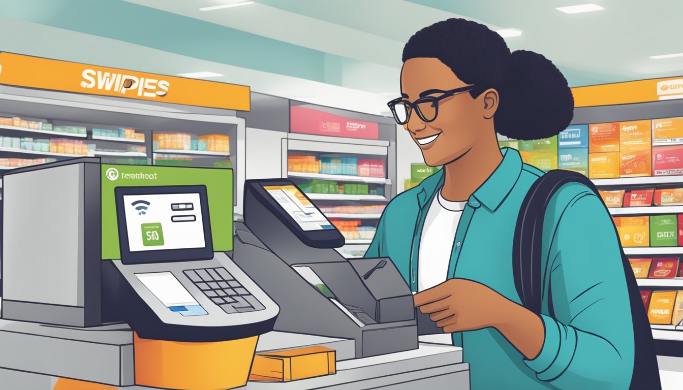 A customer swipes their rewards card at the checkout, earning points for their online and in-store purchases. The card logo is prominently displayed, with a digital display showing the accumulating rebate