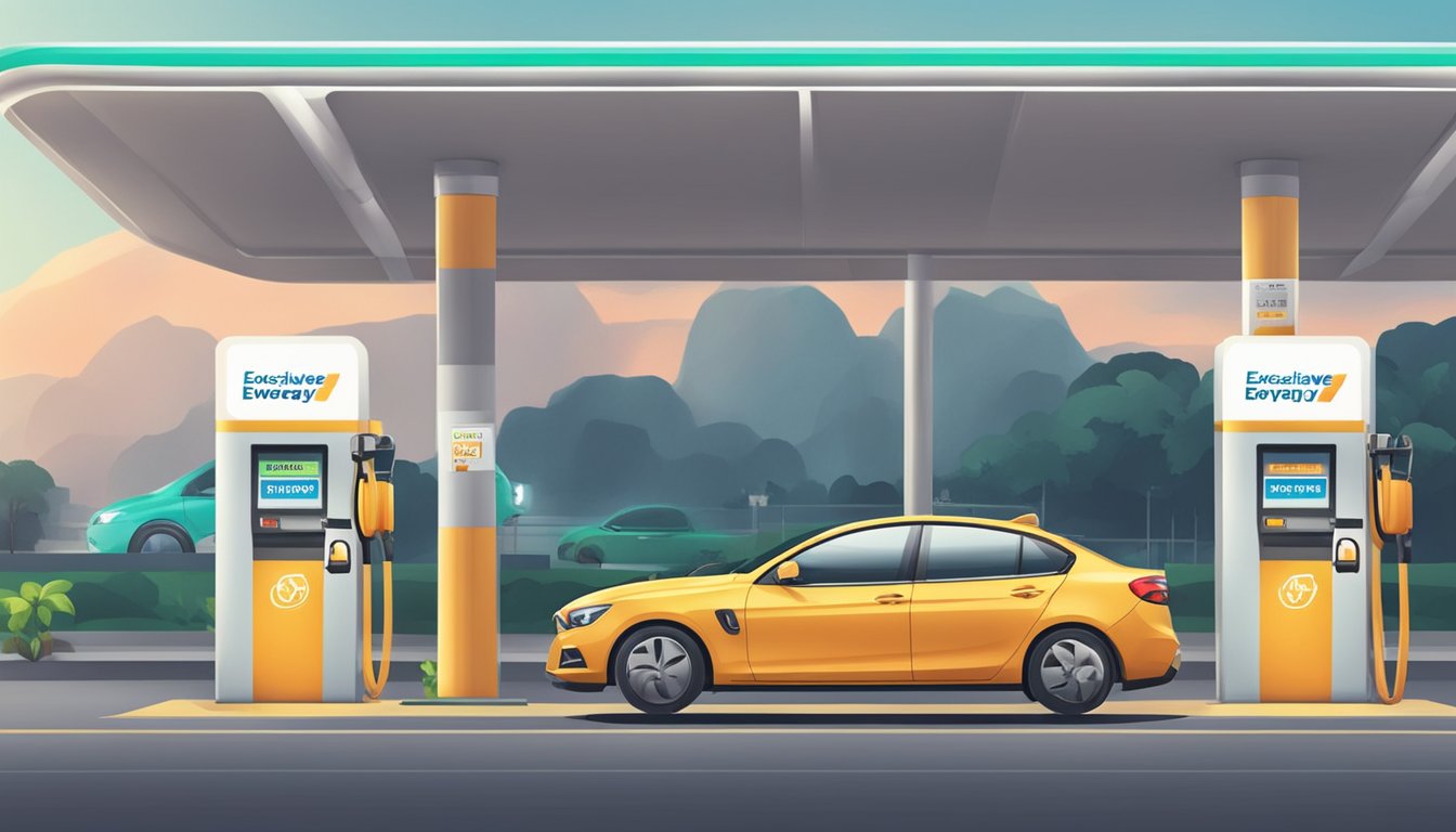 A car parked at a gas station with a sign displaying "Exclusive Fuel Savings Everyday" card rebate in Singapore