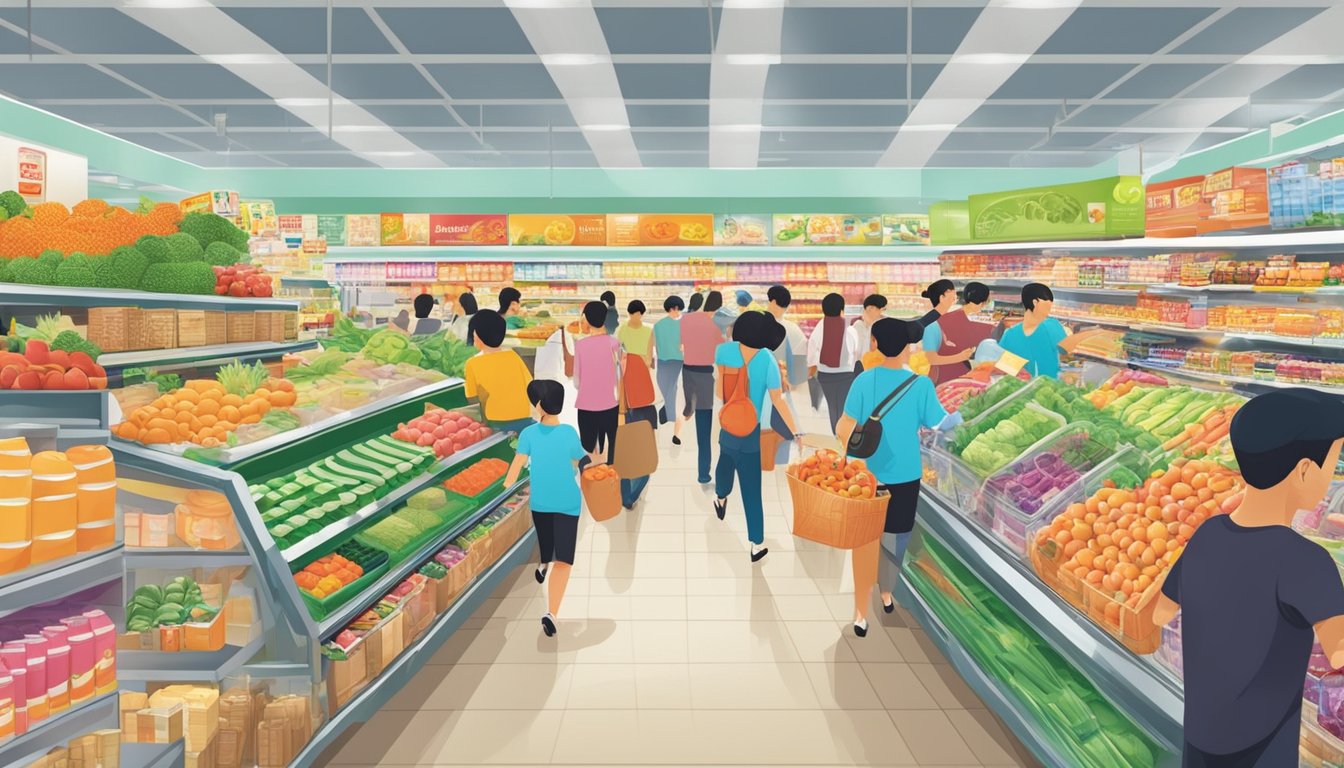 A bustling Sheng Siong supermarket in Singapore, with colorful displays of everyday items and busy shoppers filling the aisles
