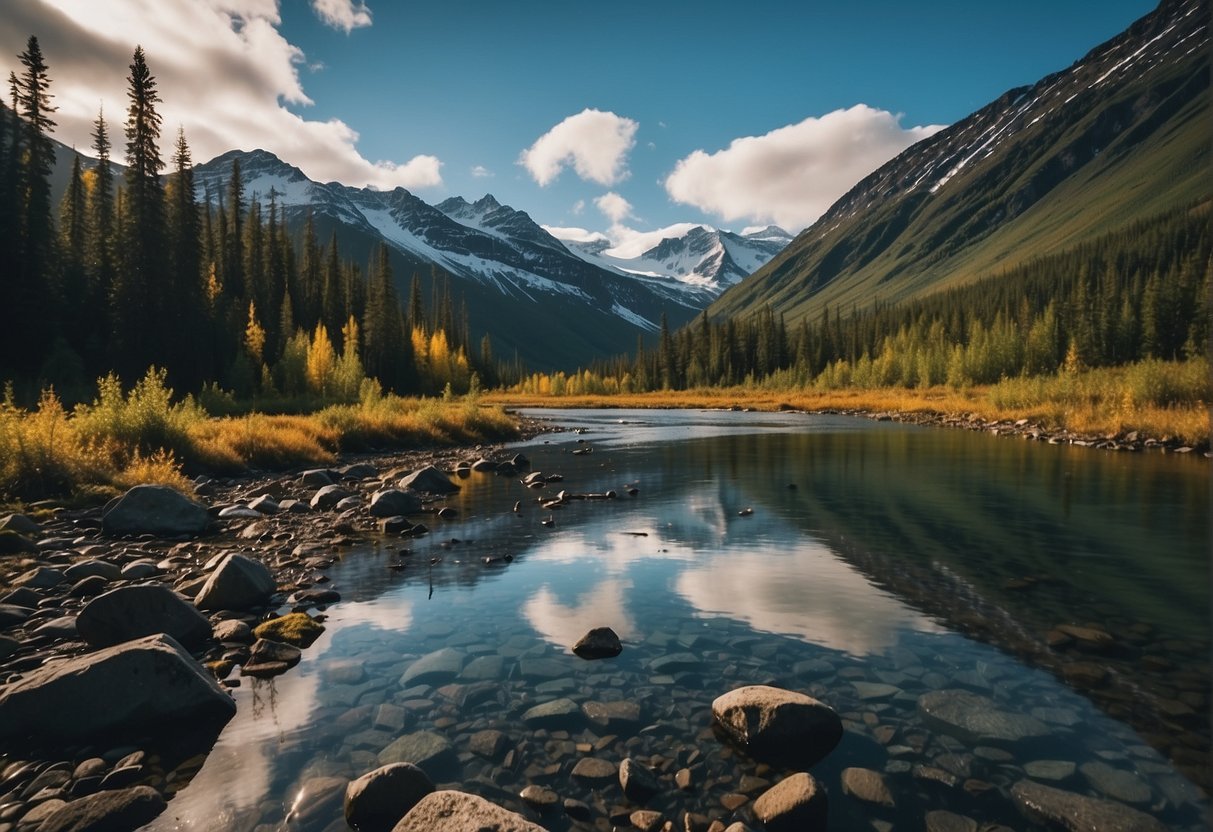 Alaska's rugged landscape: snow-capped mountains, dense forests, and icy rivers. Wildlife roams freely, and the northern lights dance across the sky