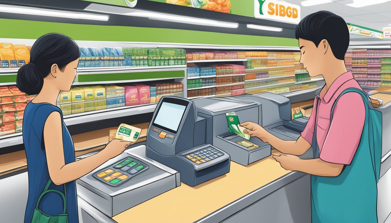 A person swiping the POSB Everyday Card at a Sheng Siong supermarket checkout in Singapore