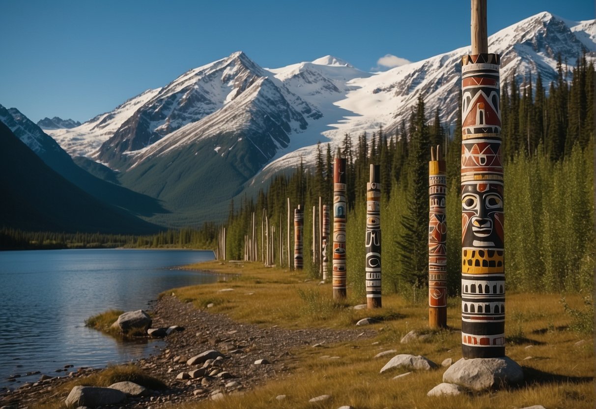 Snow-capped mountains, dense forests, and pristine lakes surround traditional Native American totem poles and historic gold rush towns in Alaska