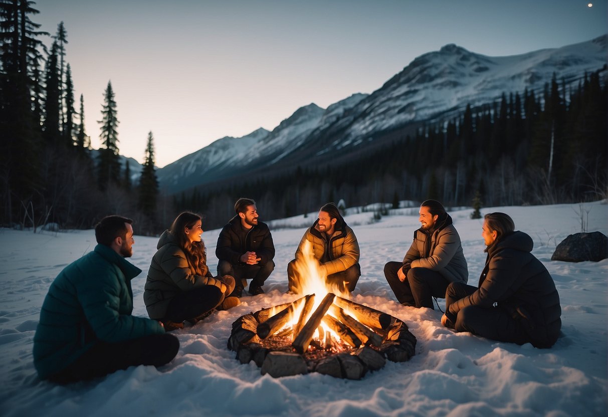 People gather around a campfire in the Alaskan wilderness, surrounded by snow-capped mountains and dense forests, while discussing the reasons why people choose to live in such a remote and rugged environment