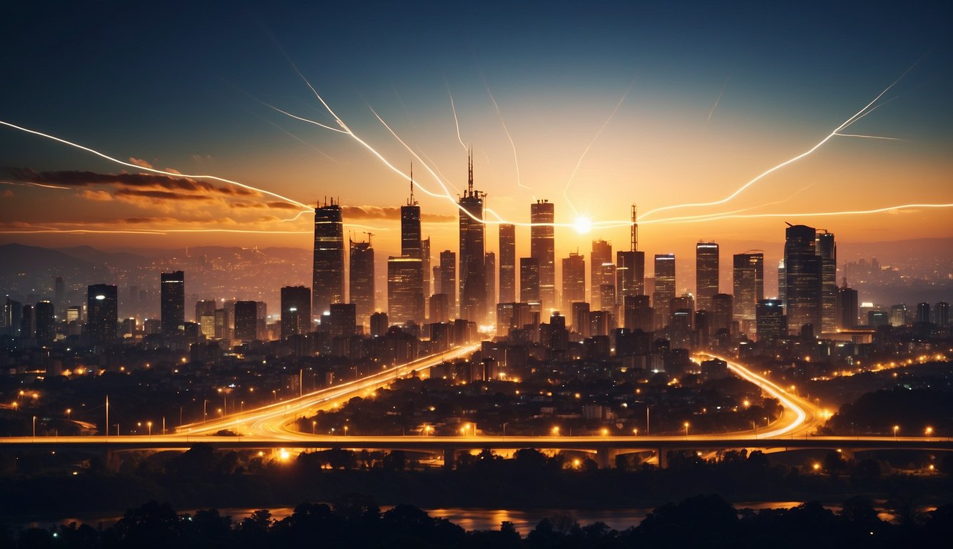 A bright, modern city skyline with glowing gold energy symbols and sleek power lines. The scene exudes efficiency and innovation, capturing the essence of Goldenergy's 2024 electricity tariffs