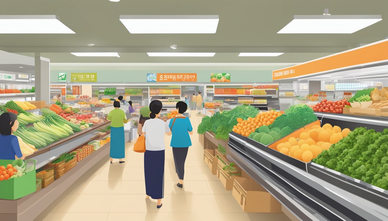 A bustling Sheng Siong supermarket with a variety of fresh produce, groceries, and a dining area. Customers use the Dining and Shopping Perks everyday card at the checkout