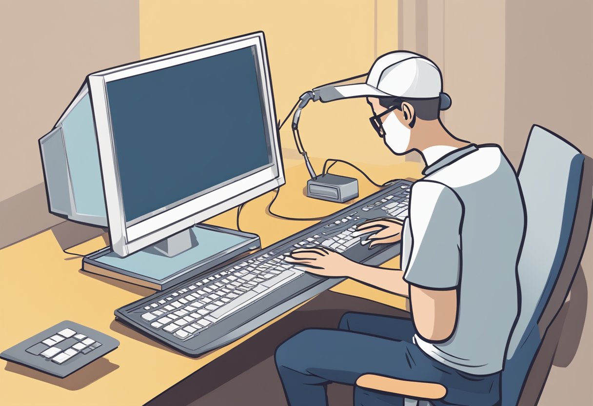 A computer monitor displaying a Google Chrome browser with an inactive keyboard, a frustrated user trying to type but no response from the keyboard