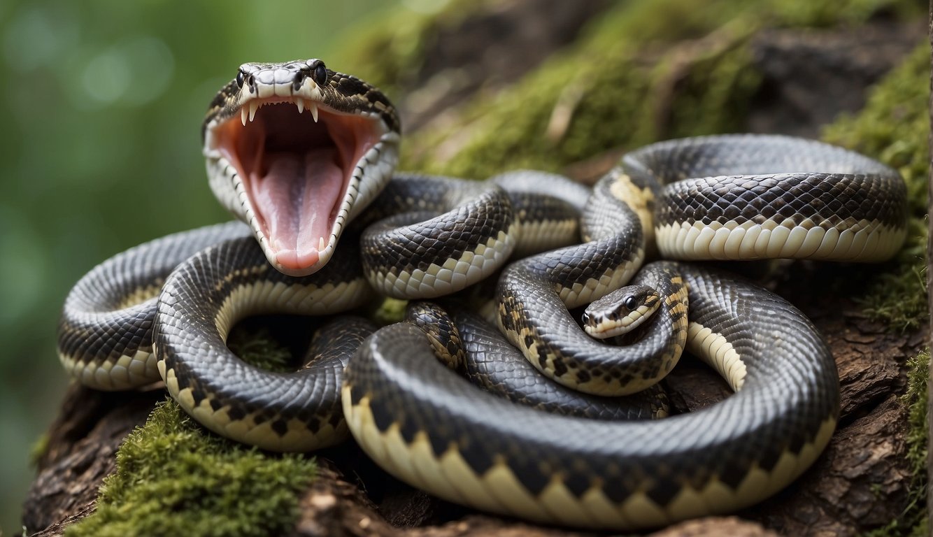 A snake with a coiled body, flicking its tongue, and displaying its fangs while surrounded by various types of prey animals