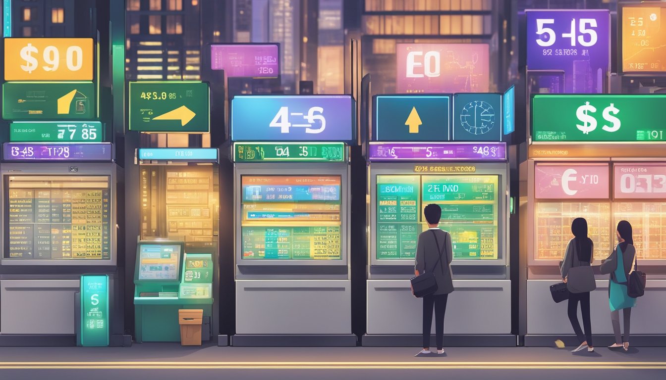 A money changer in Singapore displays exchange rates on a digital board with various currency symbols and numbers. The vibrant and bustling atmosphere of the city surrounds the small booth