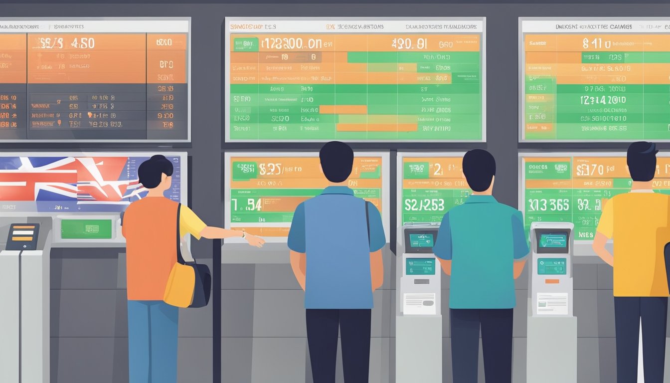 A bustling Singapore money changer displays exchange rates on a digital board, with customers lining up to make transactions