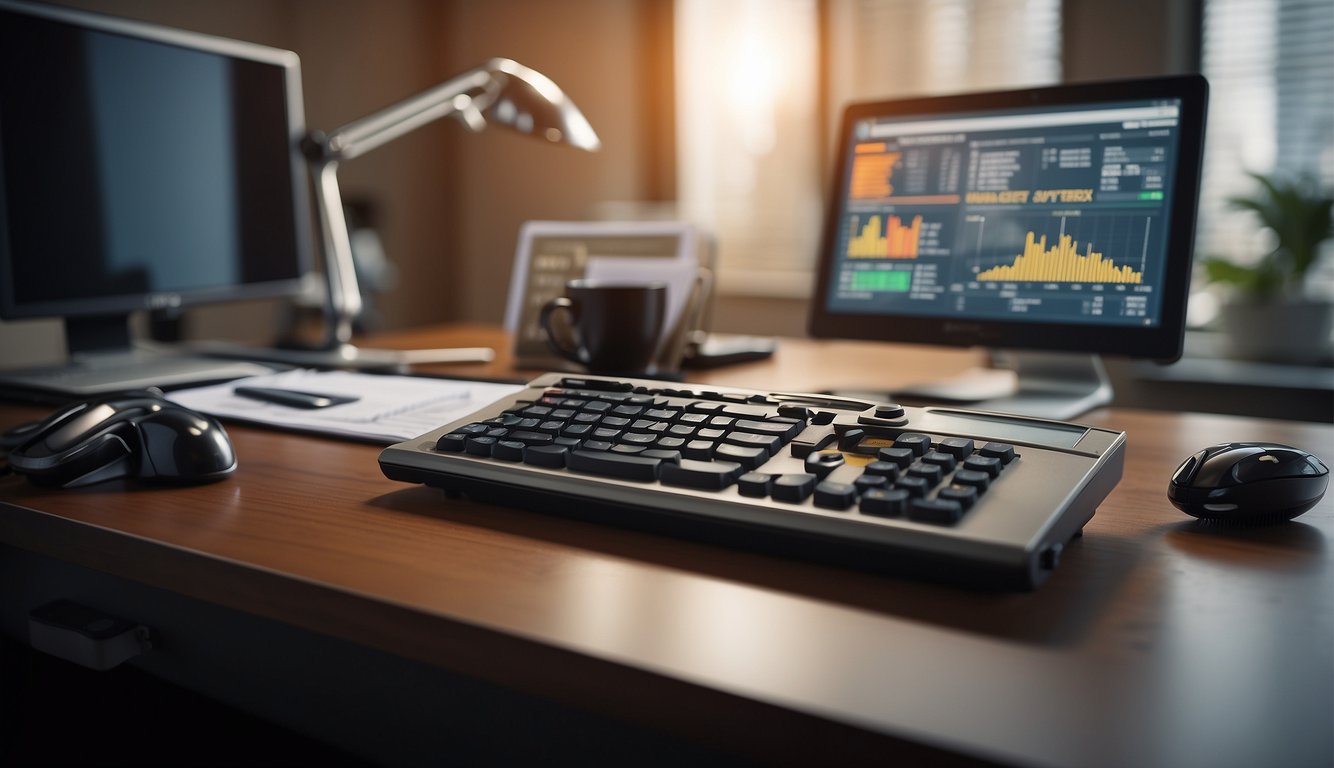 A desk with a computer, calculator, and paperwork. A Goldenergy invoice displayed on the screen. A pen and highlighter nearby