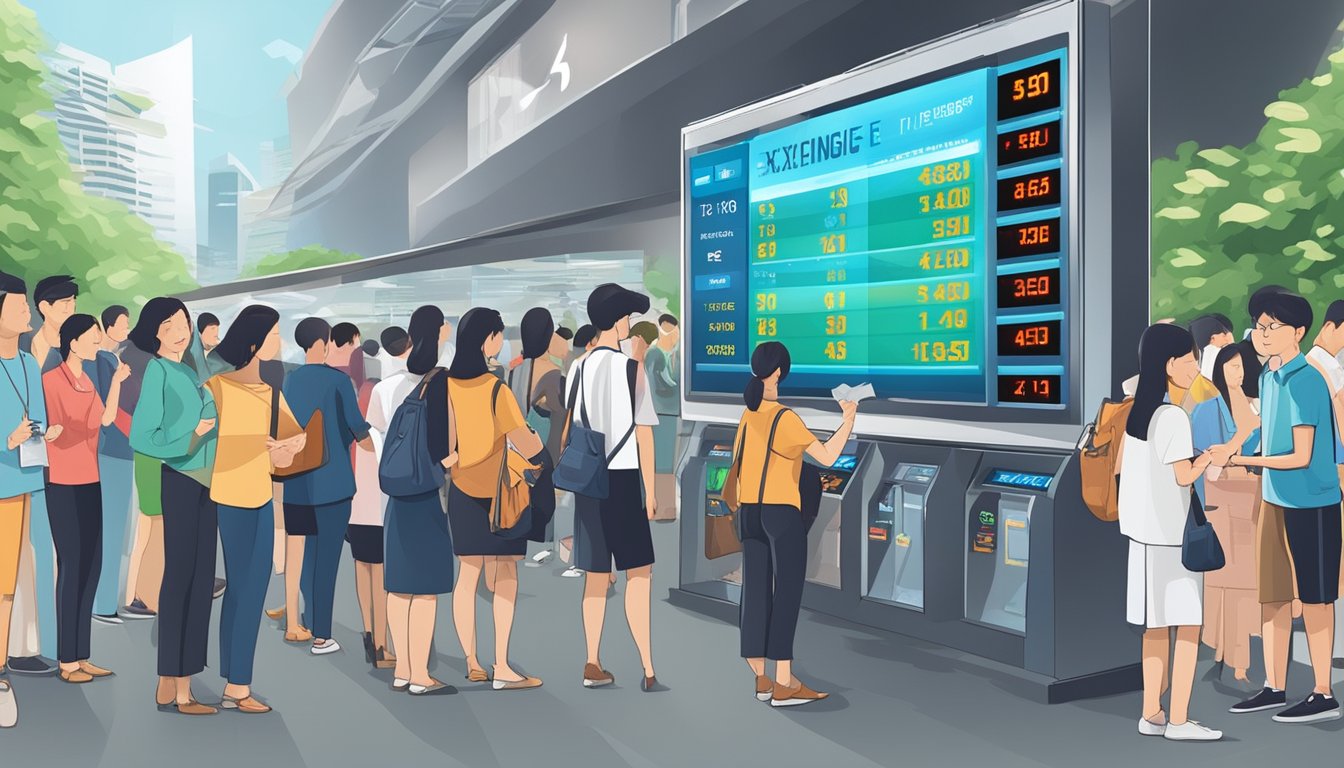 A bustling money changer in Singapore displays exchange rates on a digital board, with customers lining up to get the best rates for their currency