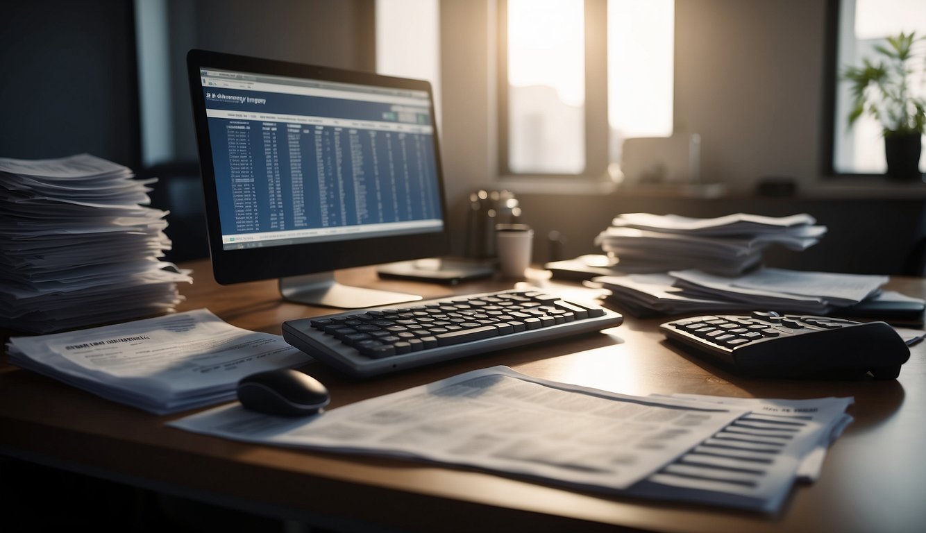The scene features a desk with a computer, a stack of invoices, and a calculator. A person is analyzing a Goldenergy invoice from 2024
