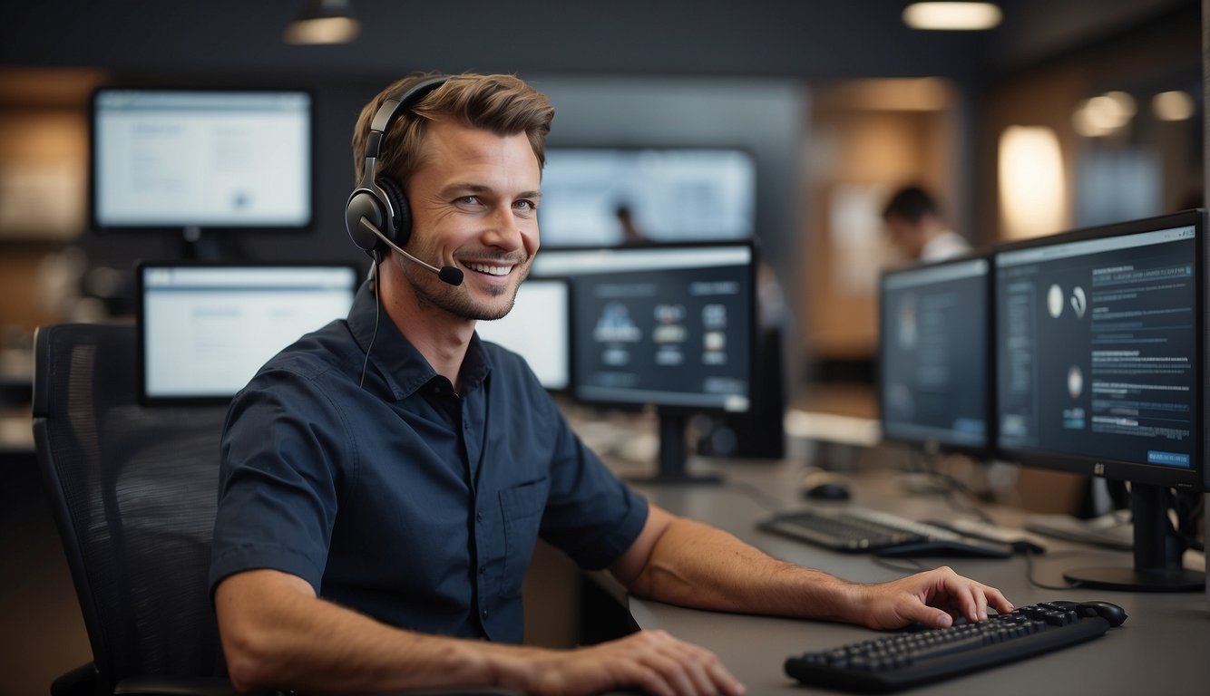 A customer service representative sitting at a desk with a computer, answering phone calls and emails from customers. A poster on the wall displays the company's logo and contact information