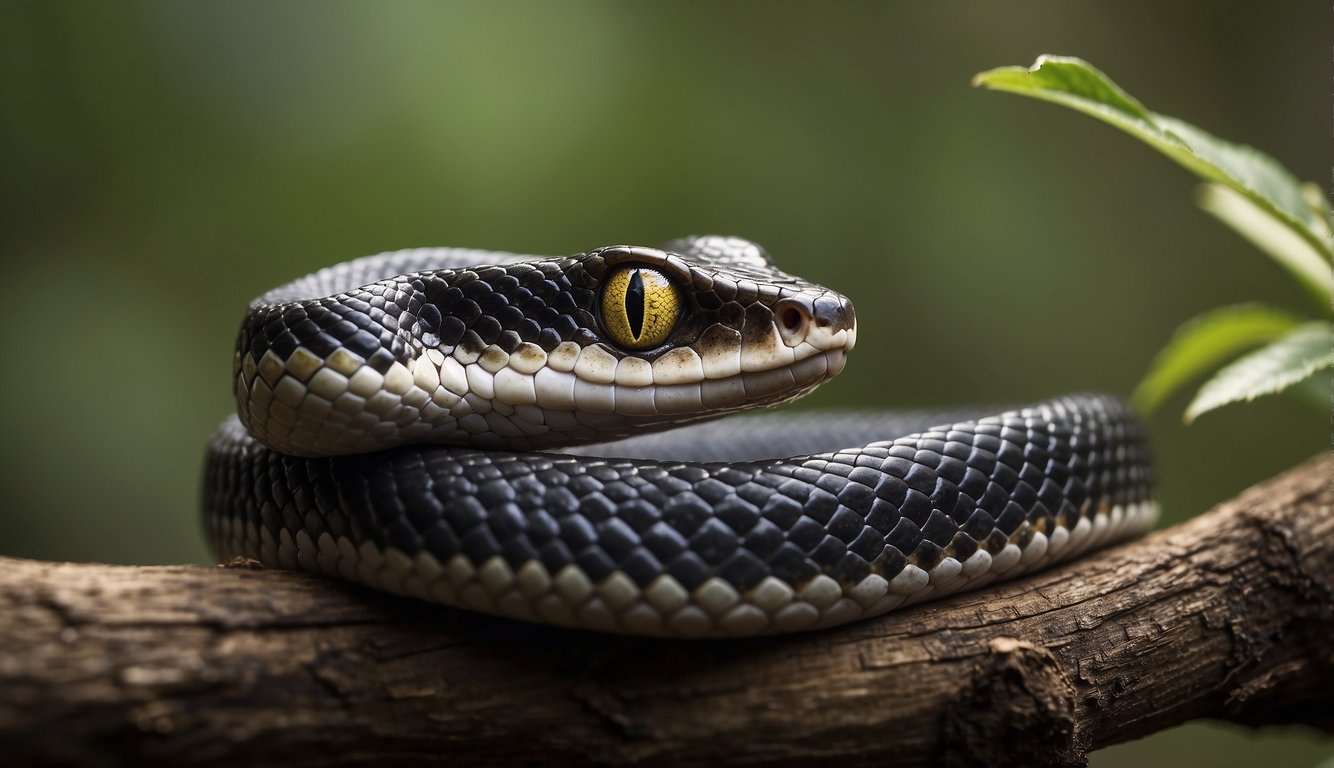A snake coiled around a branch, its fangs exposed, with a venomous gland visible.

The snake's eyes are focused and its tongue flicks out
