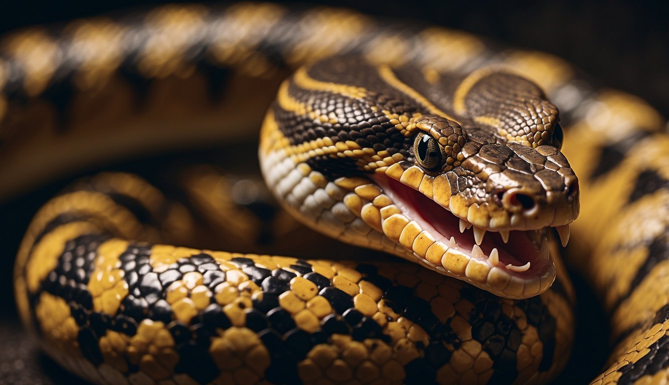A coiled venomous snake with fangs bared, poised to strike, surrounded by text "Frequently Asked Questions Why Are Some Snakes Venomous?"