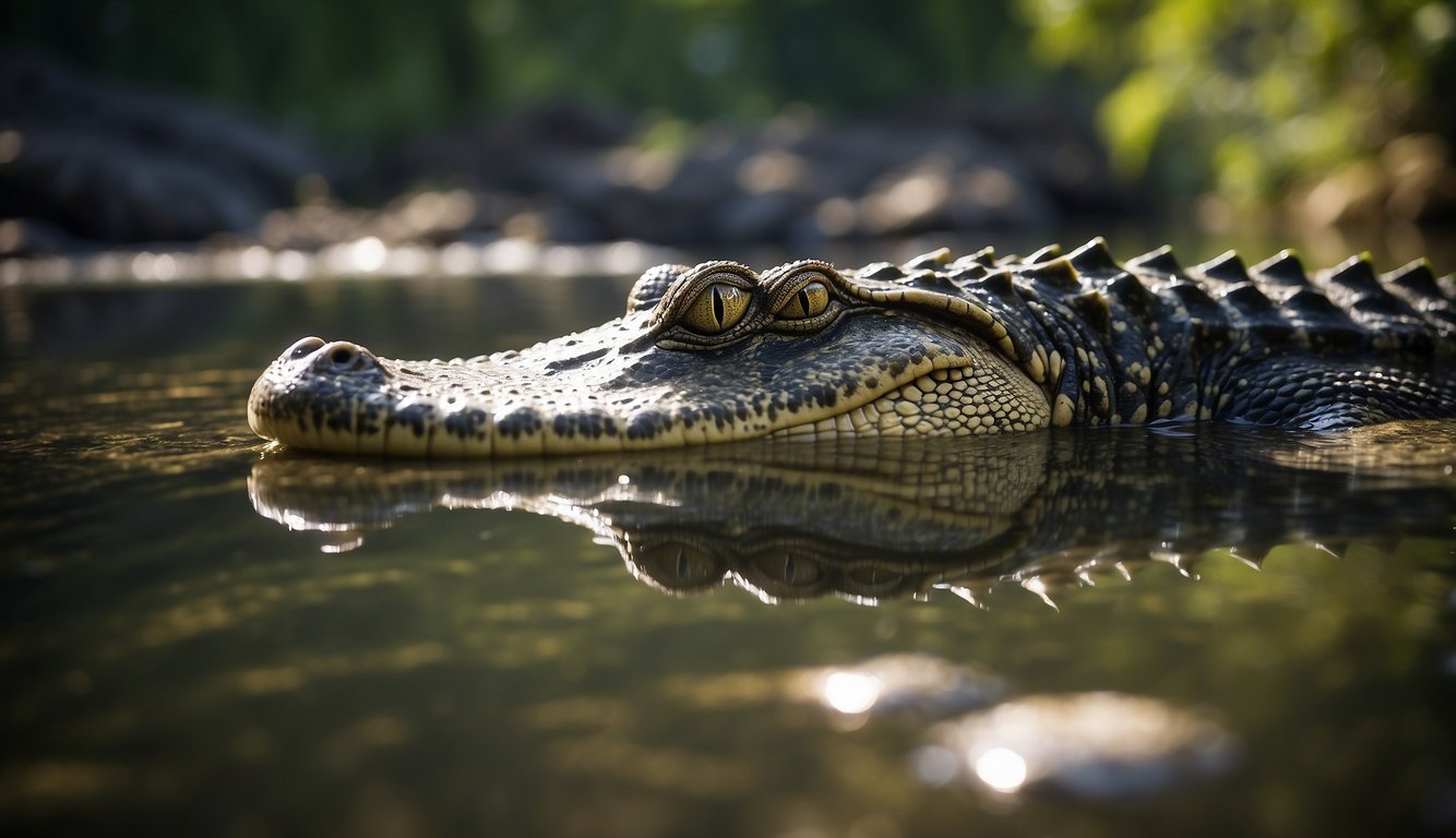 A crocodile swims gracefully in a murky river, while a turtle basks on a sunlit rock at the water's edge.

Both reptiles coexist in their aquatic and terrestrial habitats, showcasing their adaptability