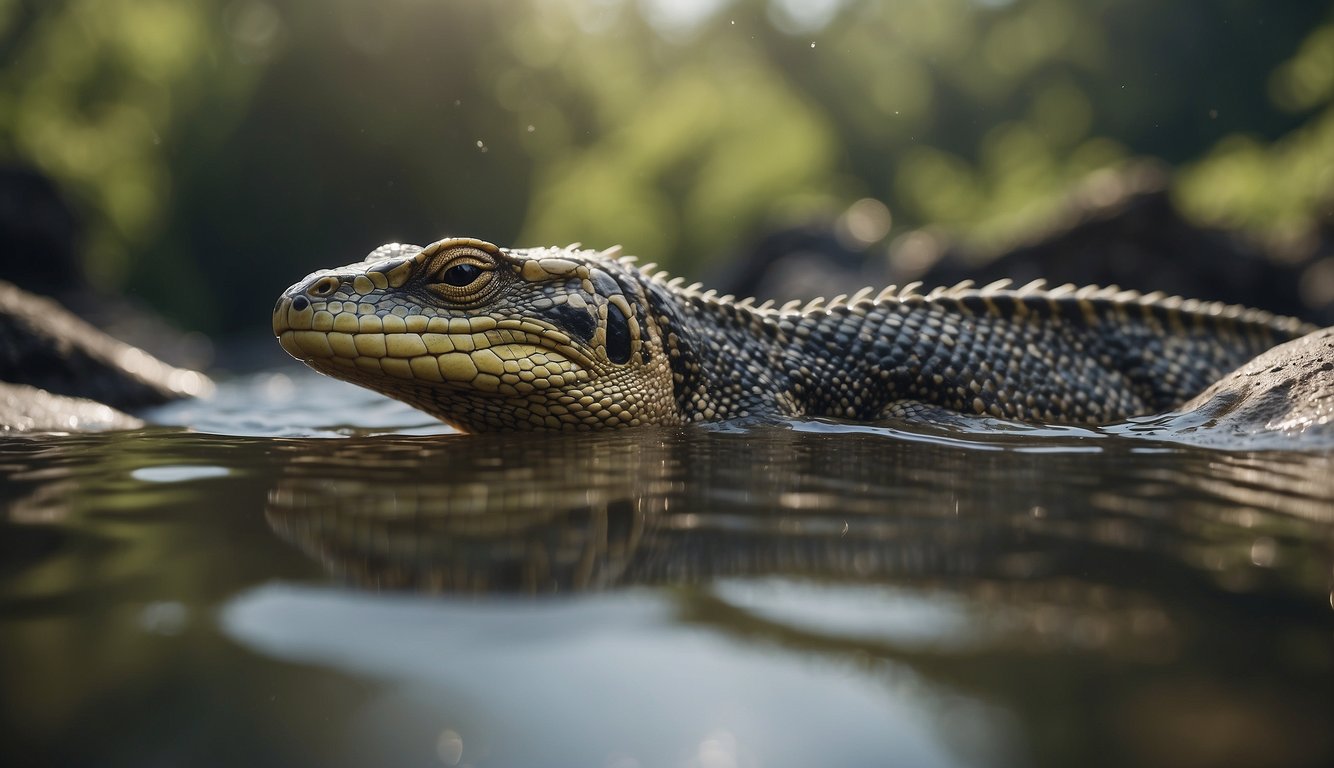 A reptile swims gracefully in the water, then effortlessly transitions onto land, showcasing its ability to thrive in both environments