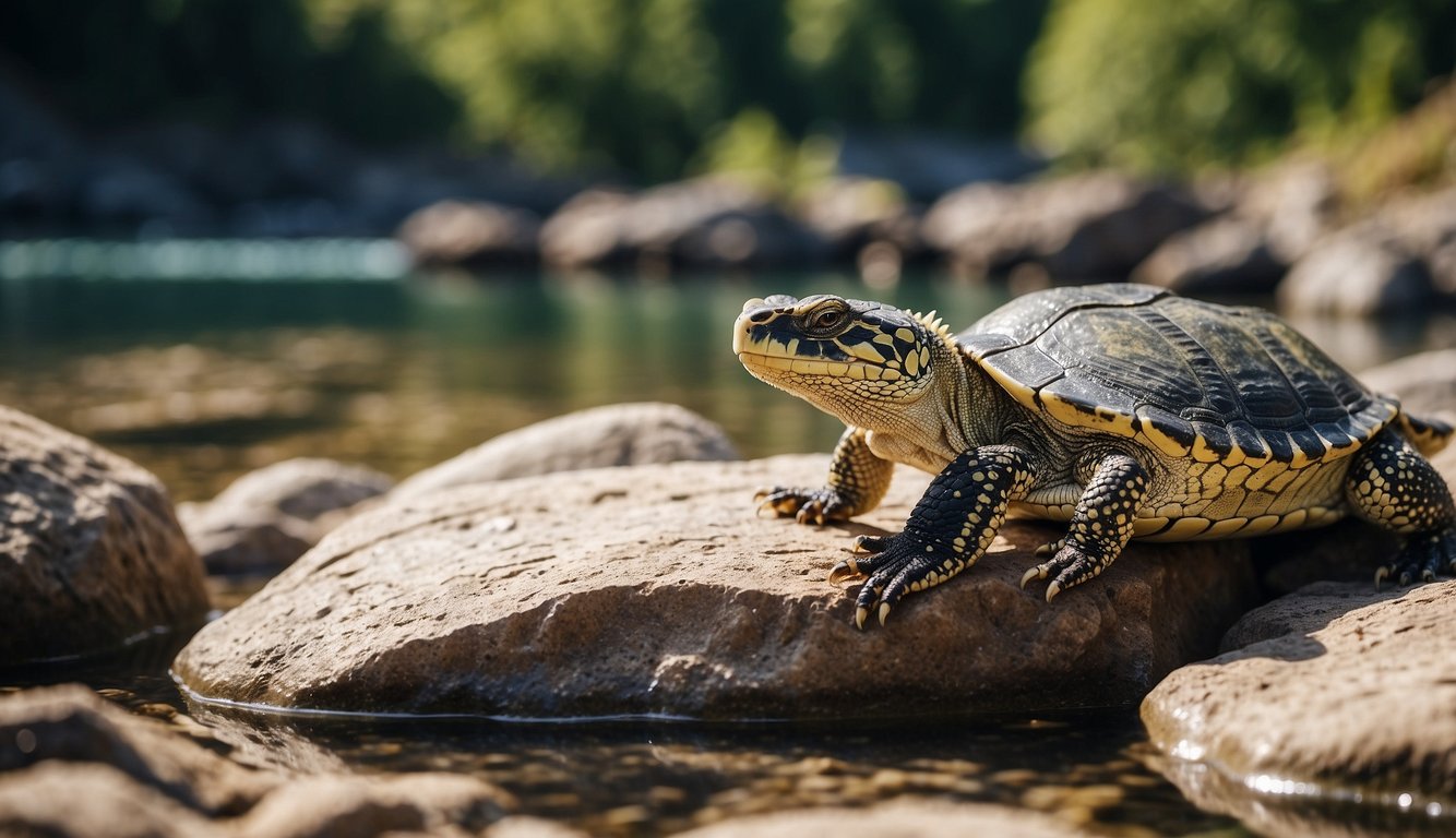 Reptiles basking on a rocky shore, some swimming in the water, others sunbathing on land.

A variety of reptiles, such as turtles, crocodiles, and snakes, coexisting in their natural habitat