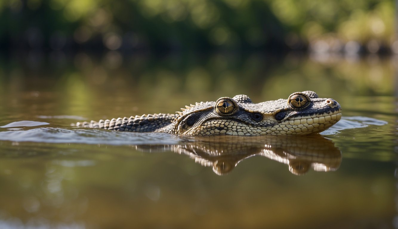 Reptiles swimming in a pond, while others bask on the sunlit shoreline, showcasing their ability to thrive in both aquatic and terrestrial environments