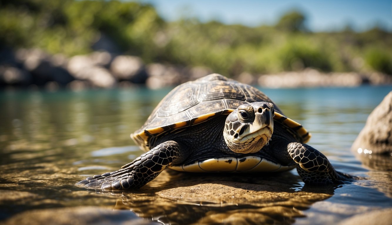 A turtle swimming in clear water, with its head above the surface and its limbs gracefully propelling it forward.

On the shore, a lizard basks in the sun, blending into the rocky terrain