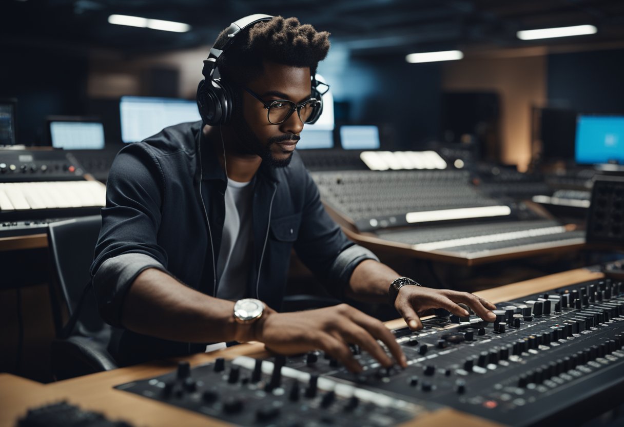 A music producer sits at a desk surrounded by keyboards, drum machines, and mixing equipment. They are focused on creating a new instrumental beat, with headphones on and hands moving quickly across the controls