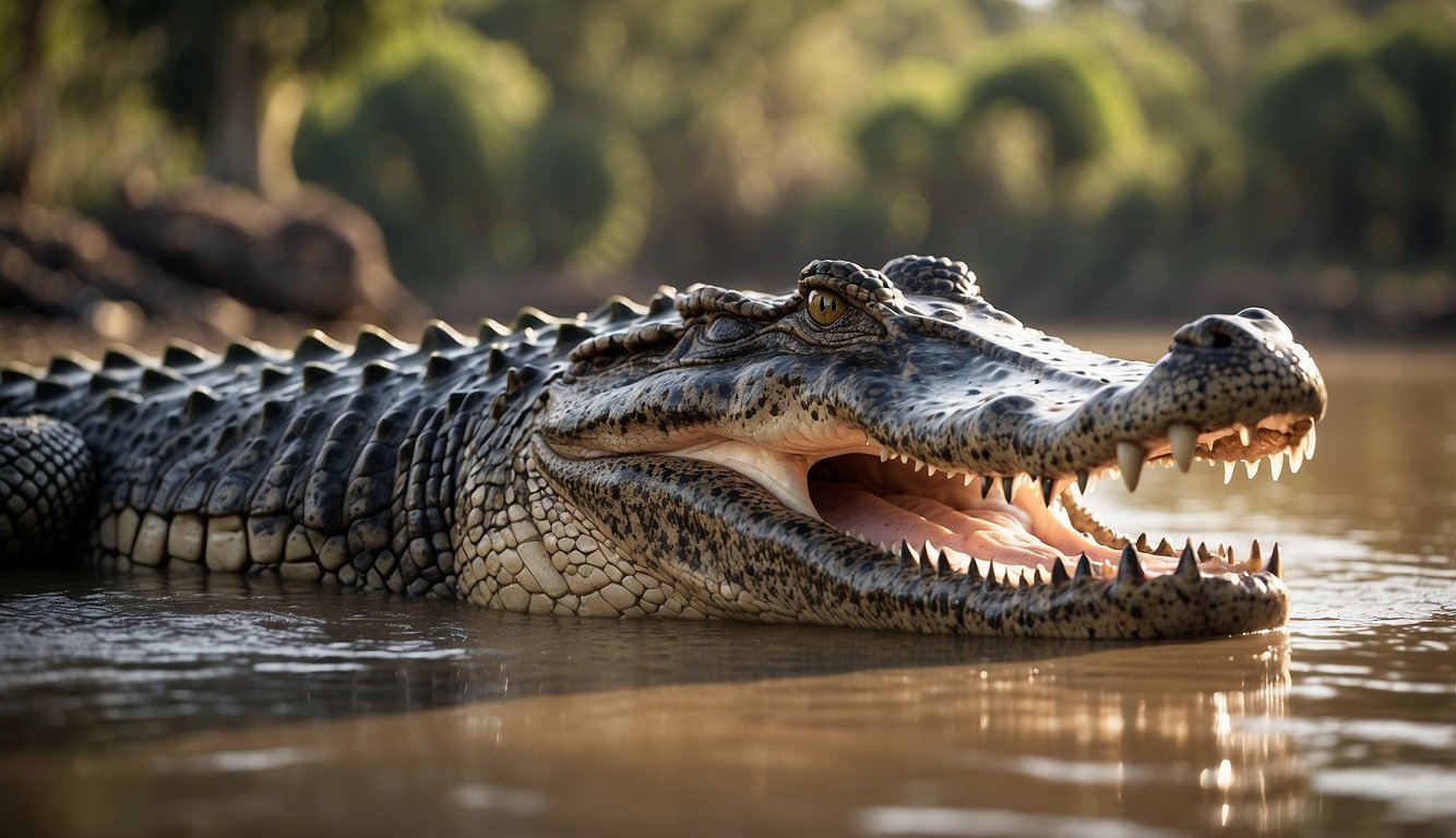 A massive saltwater crocodile basks on a muddy riverbank, its powerful jaws wide open, displaying rows of sharp teeth.

The sun glints off its scaly, armored skin as it rests in the warm, tropical climate