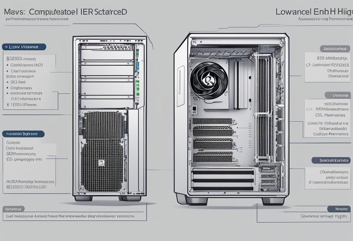 A computer with basic specs next to one with advanced features, labeled "Low End" and "High End" respectively. Visible differences in hardware and performance