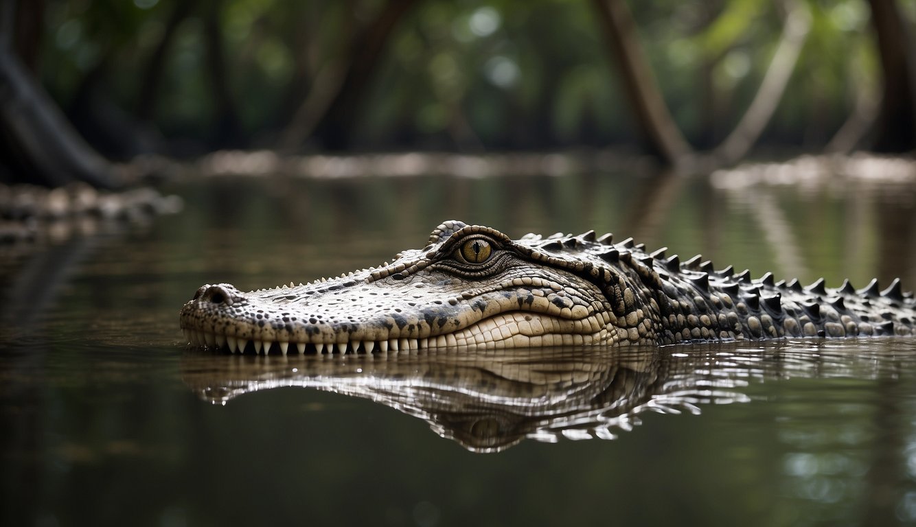 A massive saltwater crocodile lurks in murky mangrove waters, its scaly body partially submerged as it waits for unsuspecting prey