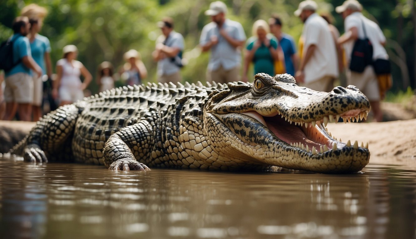 A massive saltwater crocodile basks on a riverbank, while a group of tourists marvel at its size from a safe distance