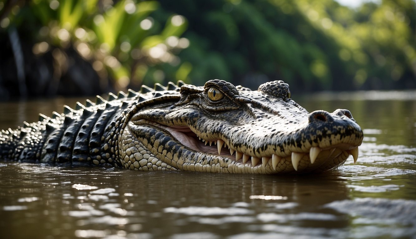 The scene depicts a massive saltwater crocodile basking on a riverbank, surrounded by lush tropical vegetation and a flowing river
