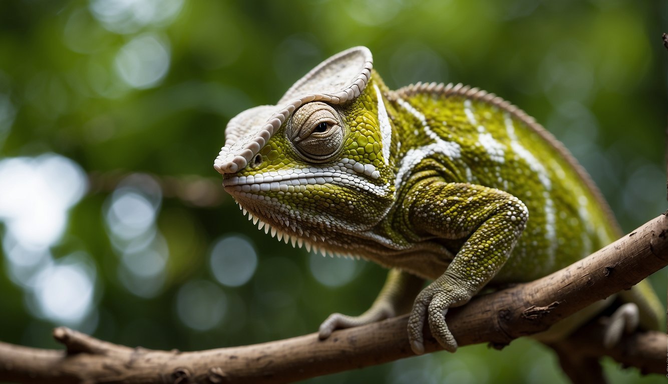 A chameleon perches on a branch, blending into its surroundings.

Its skin shifts from green to brown, mirroring the leaves and bark