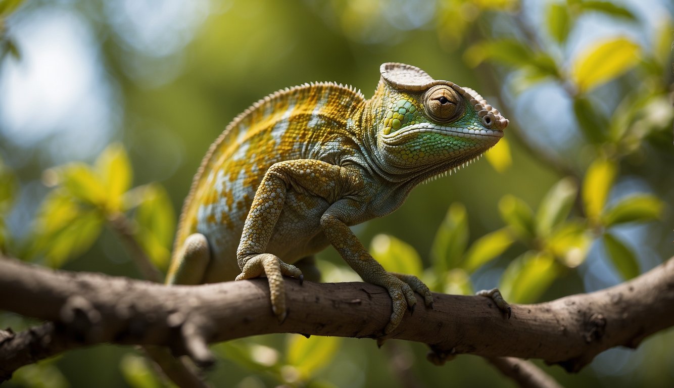 A chameleon perched on a branch, blending into its surroundings with vibrant hues of green, yellow, and brown