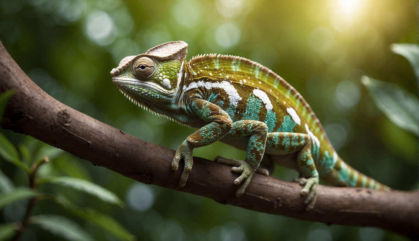 A chameleon perches on a branch, its skin shifting from vibrant green to earthy brown, blending seamlessly with its surroundings