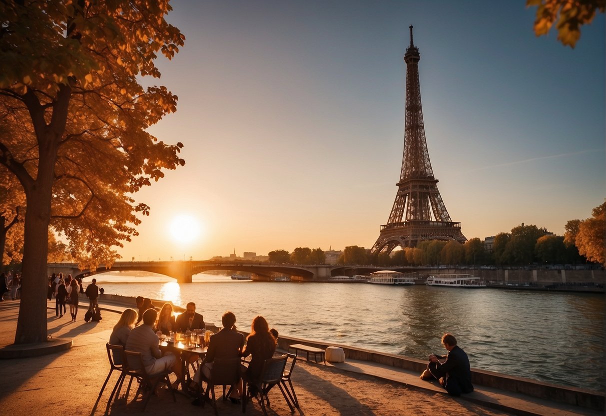 Sunset over the Eiffel Tower, with a clear sky and warm hues. People enjoying picnics along the Seine, and the city lights beginning to glow