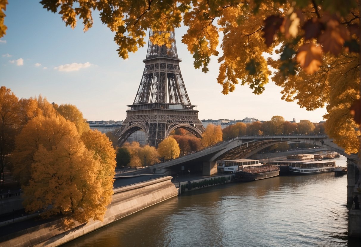 The Eiffel Tower stands tall against a backdrop of colorful autumn leaves, with the Seine River flowing peacefully through the city
