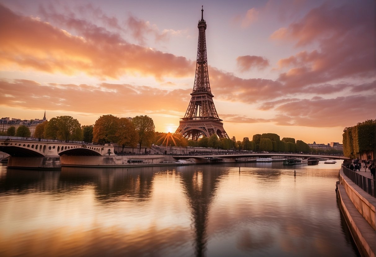 Sunset over the Eiffel Tower, with tourists strolling along the Seine River. Iconic landmarks illuminated against a pink and orange sky