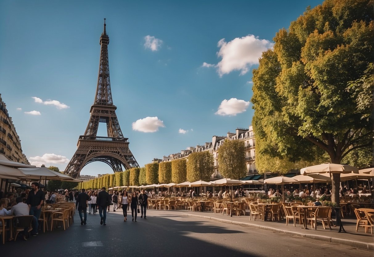 The Eiffel Tower stands tall against a clear blue sky, surrounded by bustling streets and charming cafes in Paris