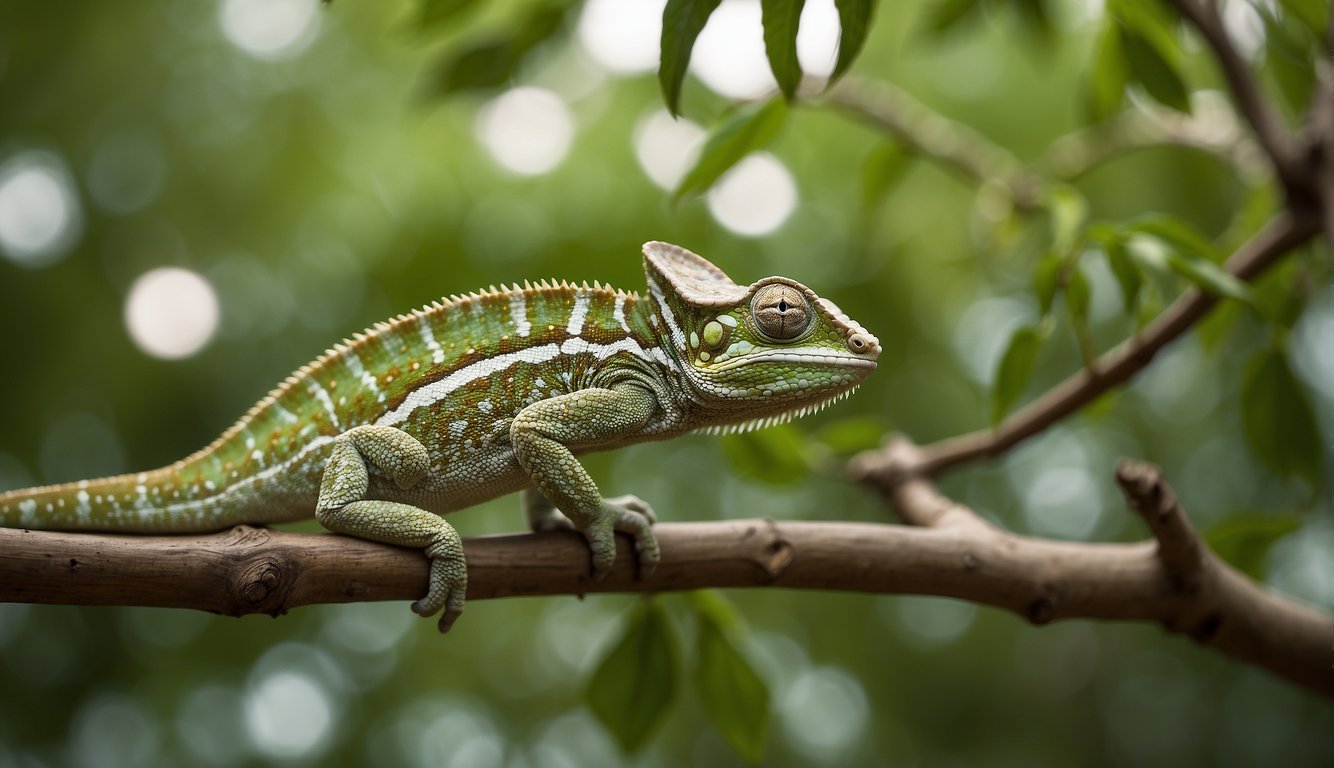 A chameleon perched on a branch, its skin transitioning from green to brown, blending seamlessly with its surroundings