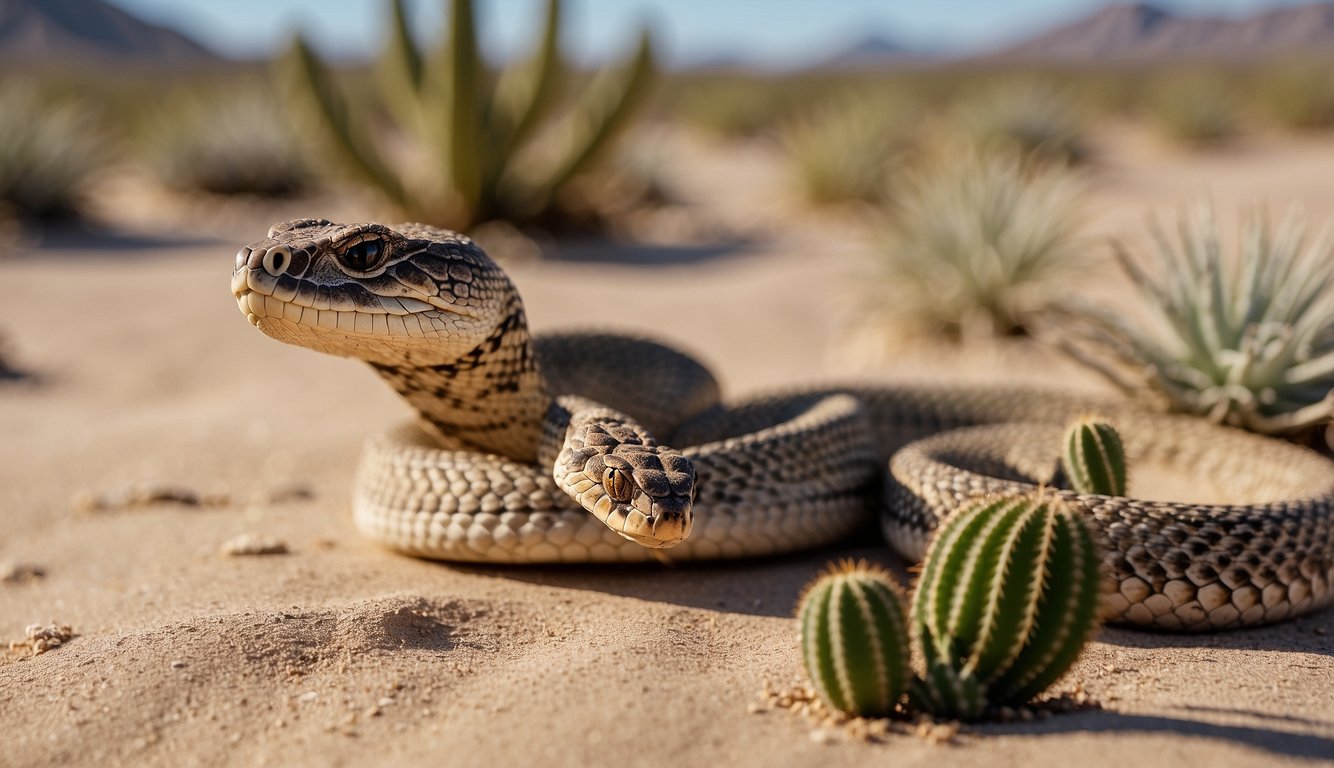 A desert landscape with a rattlesnake coiled near a cactus, a desert tortoise slowly moving along the sand, and a lizard basking on a rock