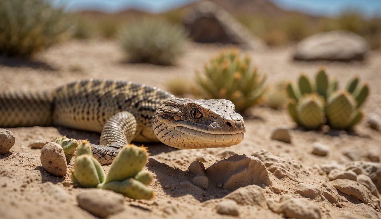 In the desert, a rattlesnake slithers through the sand, while a desert iguana basks on a rocky outcrop.

A scorpion scuttles under a prickly pear cactus, and a desert tortoise pl