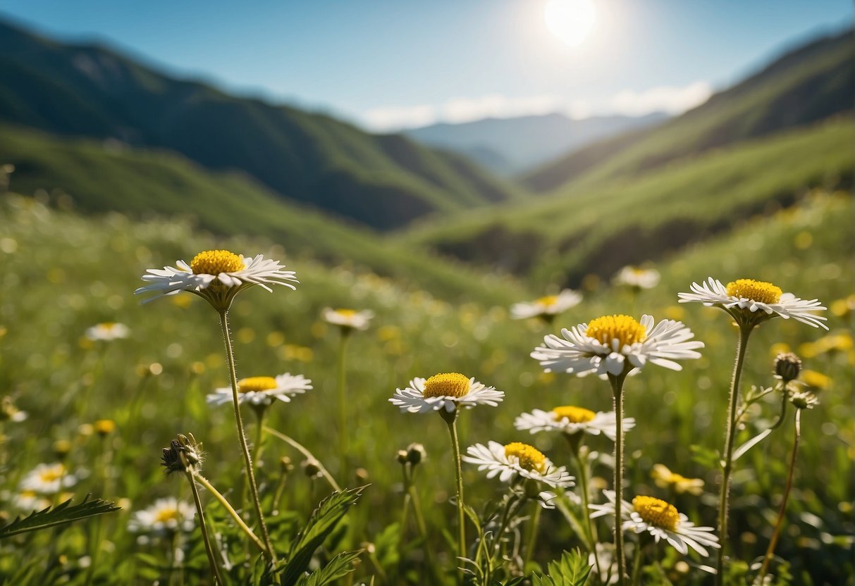 Lush green hills and blooming wildflowers under a clear blue sky, with a gentle breeze and warm sunlight