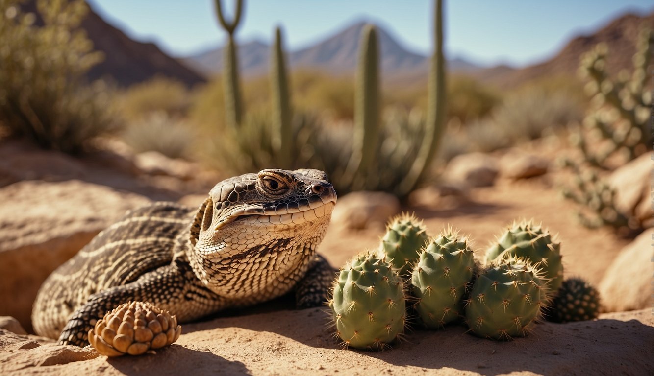 A desert landscape with a variety of reptiles such as rattlesnakes, lizards, and tortoises basking in the sun among cacti and rocky terrain